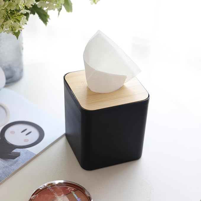 Square Tissue Box Cover,Black Tissue Box Holder,Bamboo Facial Cube Box Cover for Storage on Bathroom Vanity, Countertop, Bedroom Dresser