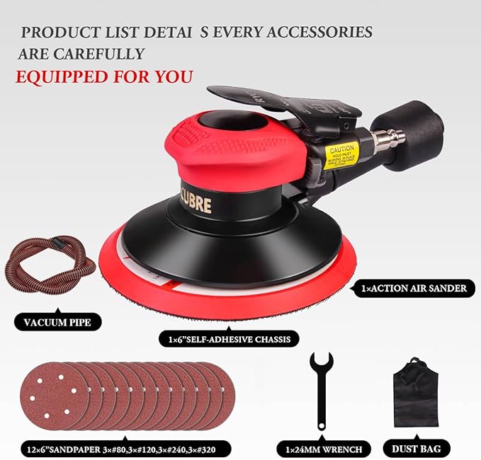Air Sander with vacuum – 6 Inch DA Palm Sander for auto body, High-Speed Random Orbital Pneumatic Sander for Woodworking & Auto Polishing (including 12 sandpaper + accessories)