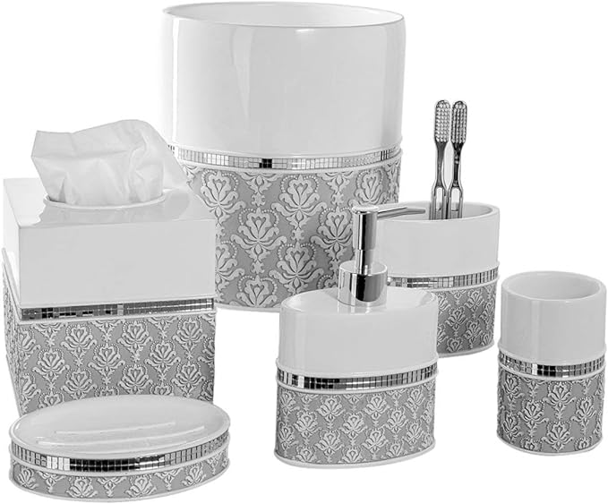 Creative Scents Mirror Damask Small Bathroom Trash Can 1.58 Gal / 6L - Decorative Oval White and Gray Waste Basket - Durable Bathroom Wastebasket - Waste Bin for Powder Room Or Bedroom