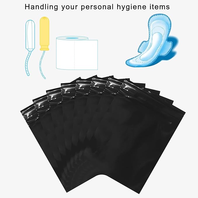 Feminine Personal Disposal Bags,6x8 inches Tampon Pack of 100 Black Opaque Zip Seal Discreet Disposal Bags for Tampons,Sanitary Pads,Sanitary Liners(with Black Storage Bag)