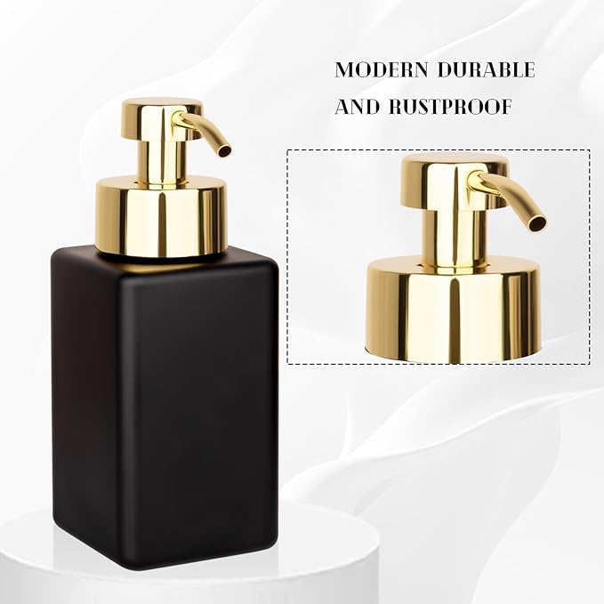 Foaming Soap Dispenser with Stainless Steel Pump, 12oz Refillable Glass Liquid Dish Soap Bottles for Bathroom, Kitchen Sink, Home Decor