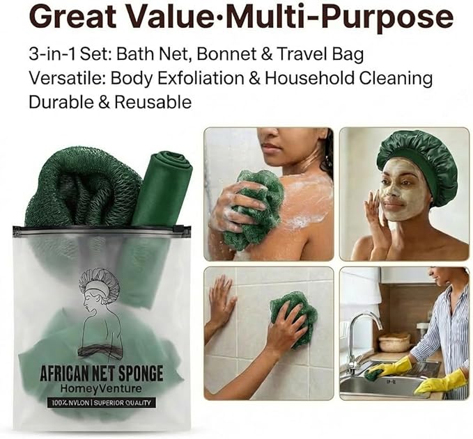 African Net Sponge, Exfoliating Body Scrubber, Soft Satin Silk Bonnet for Men Women Hair Bonnet for Sleeping, Double Layer Silk Sleep Cap, Dark Green, HomeyVenture