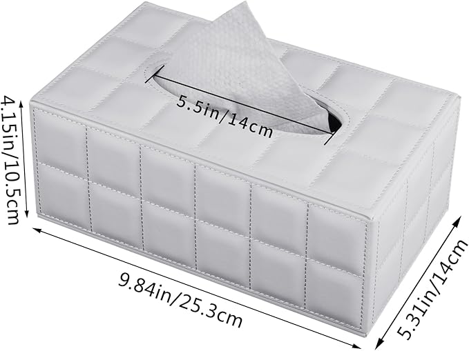Tissue Box Cover Rectangle Tissue Box Holder PU Leather Facial Organizer with Magnetic Bottom,Decorative Napkin Caddy for Vanity Dresser Night Stand Table Countertop Home Office Car,White