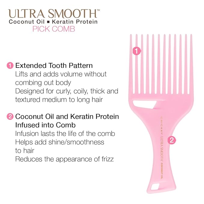 Cricket Ultra Smooth Coconut Hair Pick Comb - Infused with Coconut Oil & Keratin for Frizz-Free Shine, Volume Boost, and Gentle Detangling – Ideal for Curly, Thick, and Textured Hair - Pink