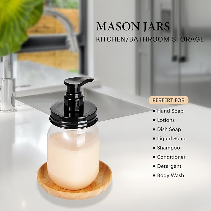 Amolliar Plastic Mason Jar Soap Dispenser with Pump Lid,16OZ Refillable BPA-Free Hand Soap Dispenser Set with Cute Lables - Farmhouse Decor for Kitchen/Bathroom,Liquid Soap,Dish Soap, Lotion (3 Pack)