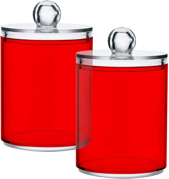 Red Qtip Holder Organizer Dispenser Cotton Swabs Cans Plastic Jars with Lid Set 2 Pack Bathroom Storage Canister for Cotton Ball Floss Cotton Pads