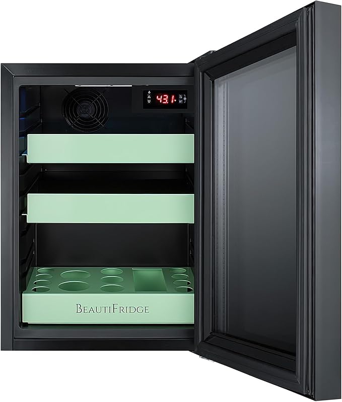 Summit Appliance LX114LGT1 BeautiFridge Cosmetics Cooler; Glossy Mint Adjustable Shelves; Commercial Grade Design; LED Lighting; Digital Thermostat; Double Pane Mirror-tinted Glass Door