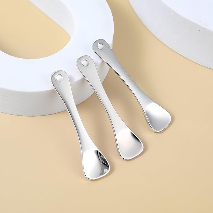 3Pcs Mini Skin Care Spoons Reusable Cosmetic Scoop Massage Metal Makeup Spatula Face Cosmetic Applicator Scoop Beauty Cosmetic Tool for Cream Lotions Moisturizers Mixing (3 Silver)