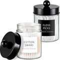 Amolliar 2 Pack Qtips Dispenser Holder - Bathroom Countertop Storage Organizer Containers - Glass Apothecary Jars with Black Plastic Lid for Q-tips Cotton Balls, Swabs, Round Pads, Floss