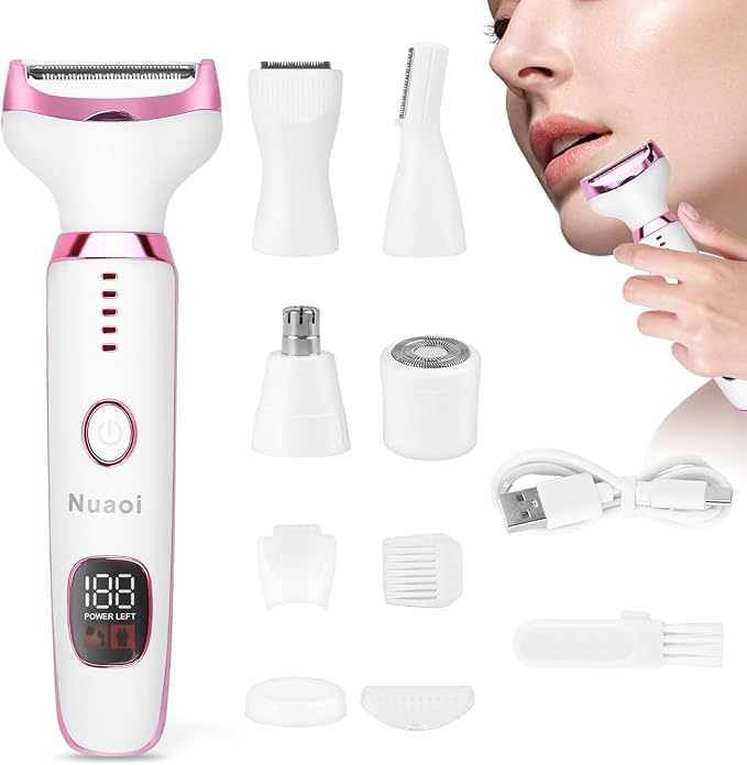Electric Bikini Trimmer for Women - 5 in 1 Upgraded Body Face Shaver Nose Pubic Hair Trimmer Razors for Women Men Rechargeable Hair Removal Kit for Face Chin Eyebrow Arms Armpit Legs Groomer