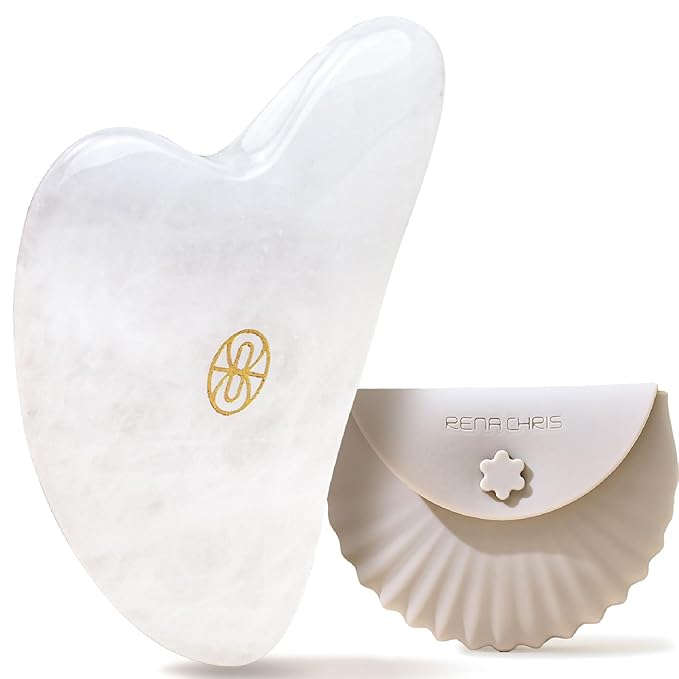 Rena Chris Gua Sha Facial Tools, Jade Guasha Tool for Acupuncture, Manual Massage Tool for Jawline Sculpting and Puffiness Reducing, Gua Sha Facial Massage Tool with Silicone Case (White)