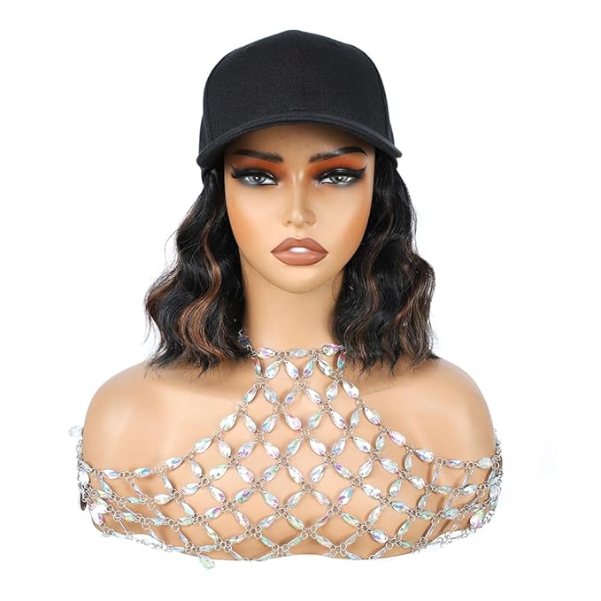 GUOJIAN Hat Wigs for Women 6' Short Wave Baseball Cap Wigs with Curly Hair Extensions Synthetic Wave Wig Adjustable Hat with Hair Attached for Daily Use (1B/30, 6inch)