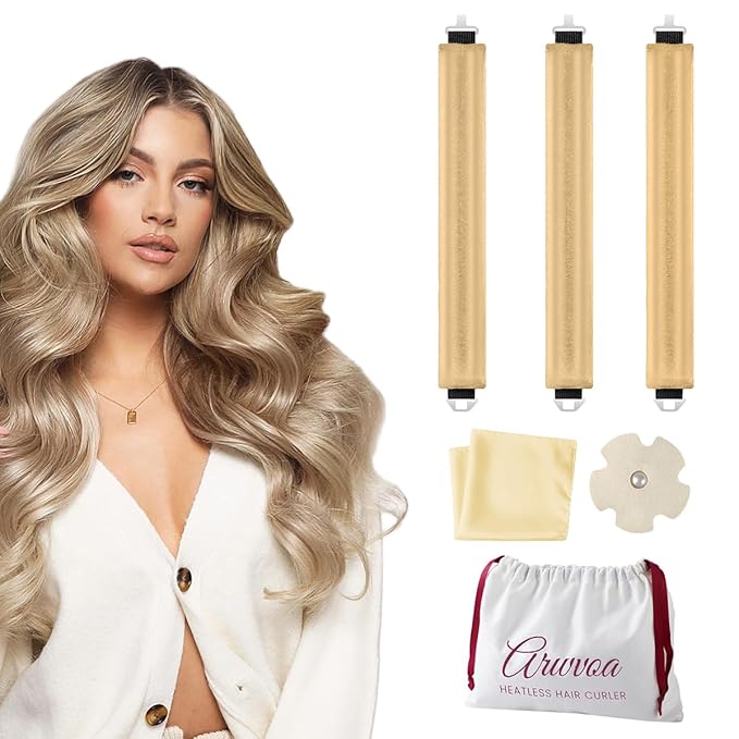 Heatless Curls Overnight Heatless Hair Curler Heatless Blowout with Luxury White Bag Silk Scarf, Curling Rod to Sleep in No Heat Curling Headband, (Gold 3PC)