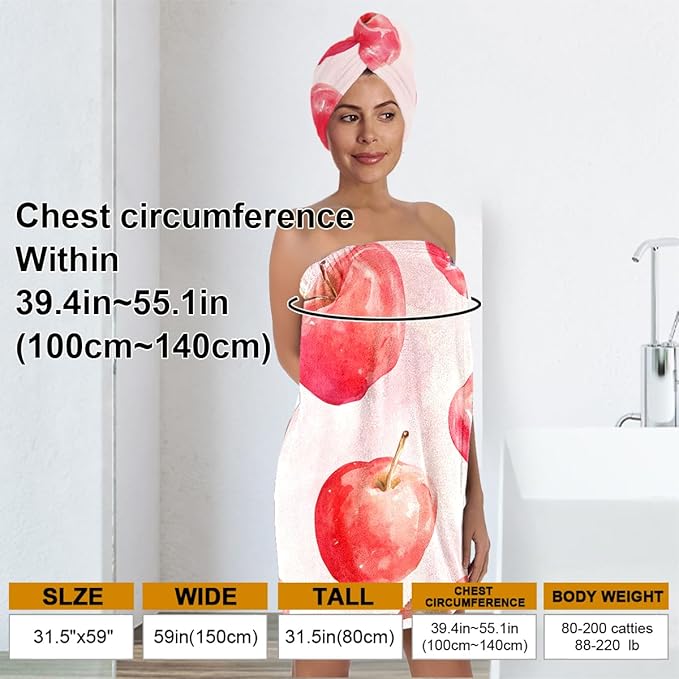 Women’s Watercolor Apple Bath Wrap and Hair Towel Set, Soft Absorbent Microfiber Shower Body Skirt with Elastic Closure, Quick-Dry Lightweight Spa Toweling for Home, Gym & Travel (Apple 2)