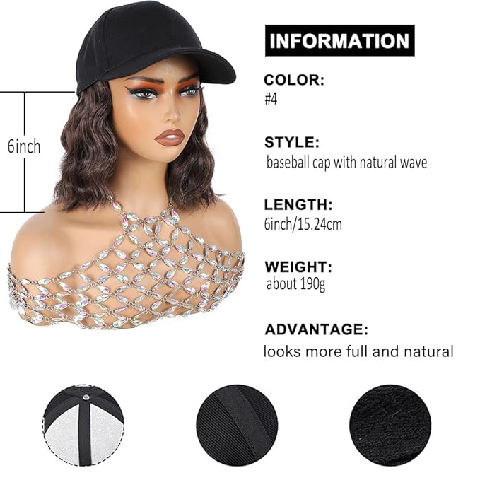 GUOJIAN Hat Wigs for Women 6' Short Wave Baseball Cap Wigs with Curly Hair Extensions Synthetic Wave Wig Adjustable Hat with Hair Attached for Daily Use (#4, 6inch)