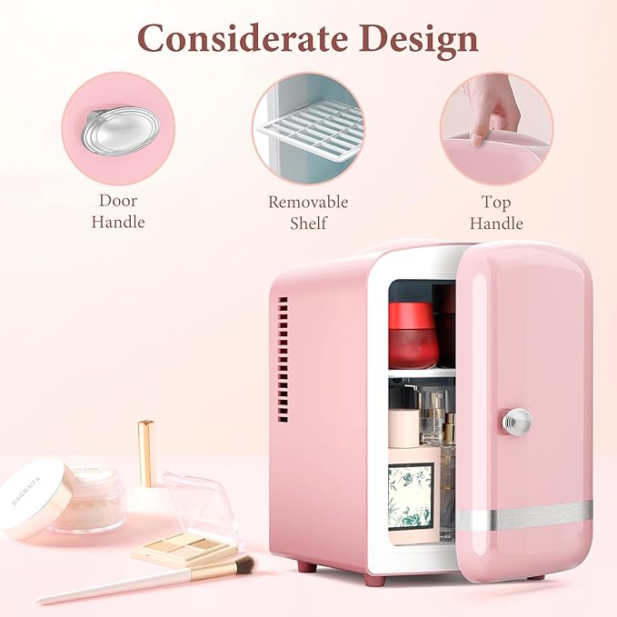 Xbeauty Retro Mini Fridge, Compact Refrigerator with 4L Capacity/6 Cans，Cooler & Warmer, Removable Shelf for Skincare, Beverages, Cosmetics, Perfect for Dorm, Bedroom, Pink