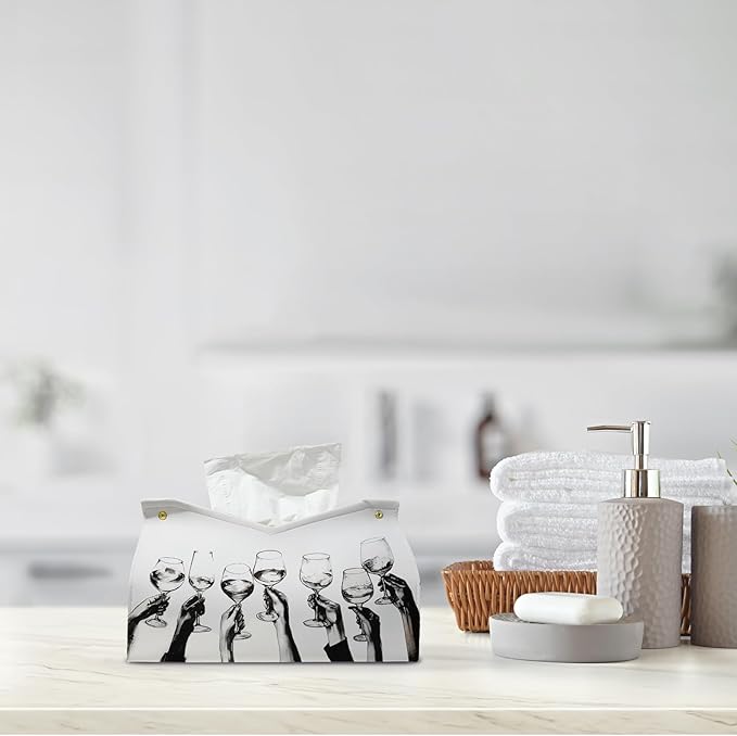 Blck And White Cheers Leather Tissue Box Cover Rectangle,Holiday Party Decor Toilet Paper Box Holder,Decorative Facial Paper Case for Living Room Bathroom Kitchen Office Desk,9.8x5.9x5.9In