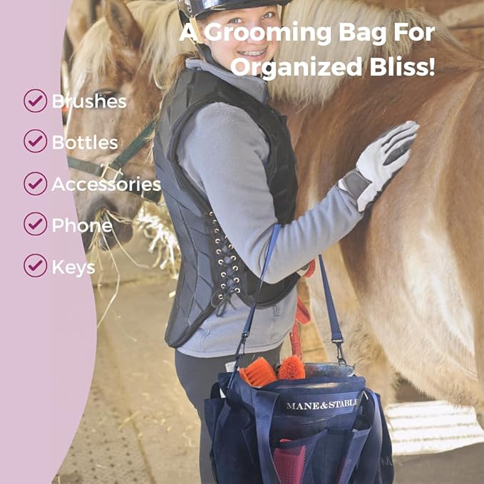 MANE & STABLE Horse Grooming Bag – Hanging Royal Blue Mesh Tote with 8 Pockets & Spacious Compartment | Quick-Drain Design for Barn, Trailer & Wash Rack