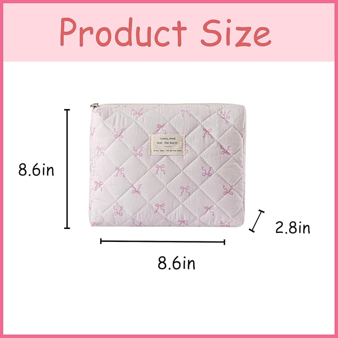 uekeboag Quilted Cotton Makeup Bag,Coquette Quilted Toiletry Bag for Women and Girls,Floral Coquette Pouch,Cute Kawaii Travel Cosmetic Bags(Cute Pink Bow)