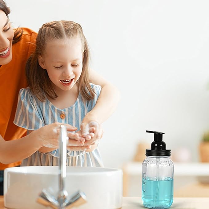 Mason Jar Foaming Soap Dispenser Pump fit 2.75Inch Regular Mouth,Rust Proof Stainless Steel Lid and BPA Free Plastic Foam Soap Pump-Hotel Bathroom Accessories（Black）