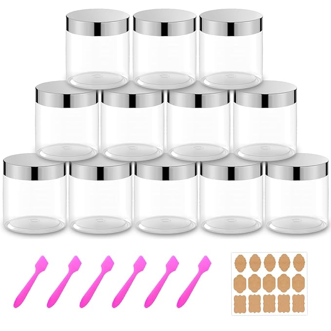 12 Pack 8 oz Plastic Cosmetic Containers With Silver Lids Refillable Clear Empty Travle Jars Containers for Body Butter,Sugar Scrubs,Cream,Lotions,Candy, Label&Spatulas