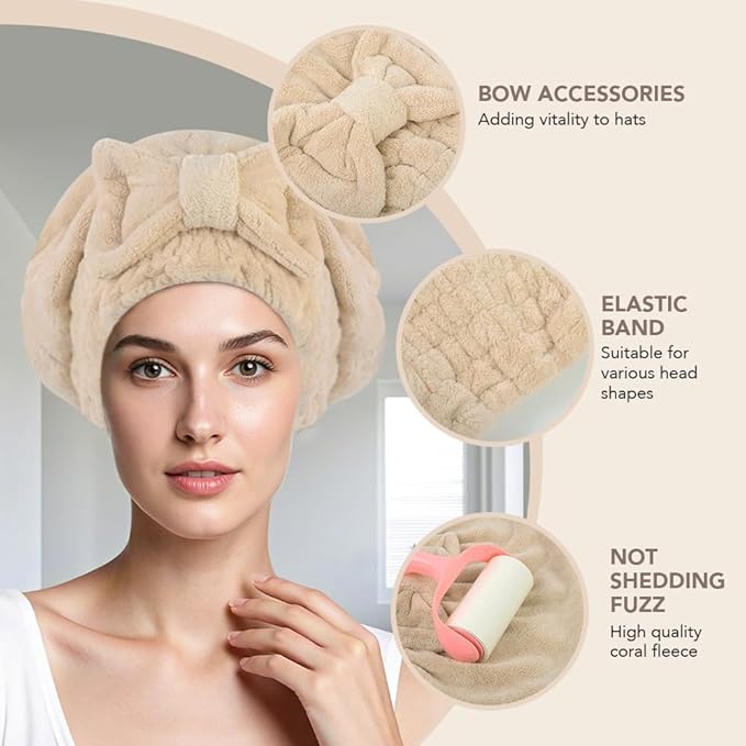 SUNLAND Large Microfiber Hair Drying Caps with Bow Knot Fast Drying Shower Cap Soft and Absorbent hairWrap Hair Turban Bath Caps for Curly Thick and Wet Hair