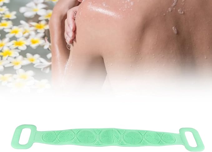 Silicone Back Scrubber Strap Double Sided Exfoliating Bath Shower Cleaning Belt Ergonomic Design for Men Women Kids Elderly Soft Dense Brush Hair Body Massage Tool (Green)