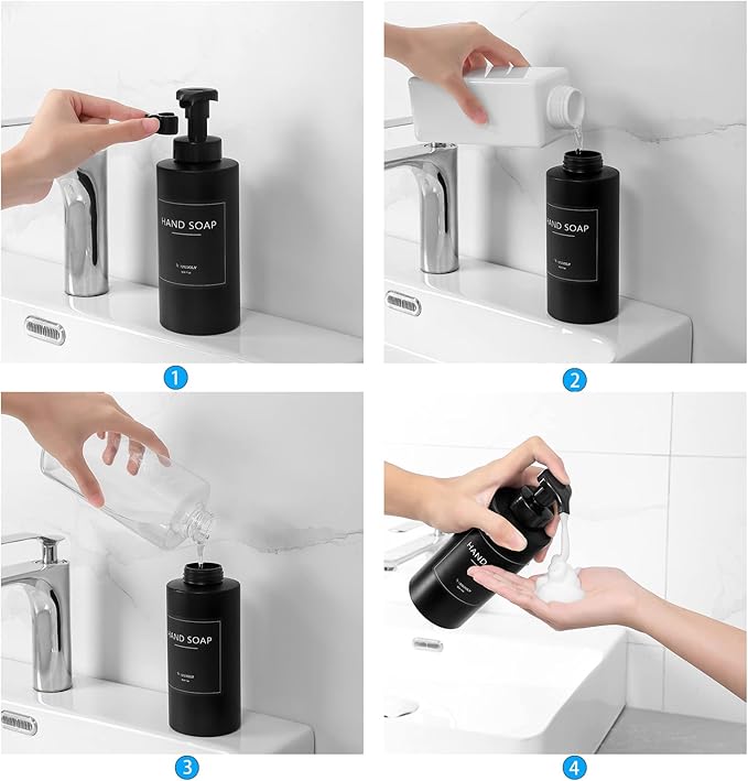 UUJOLY Foaming Soap Dispenser, 17 OZ Refillable Plastic Soap Pump Bottle for Liquid Soap, Shampoo, Body Wash, 2 Pcs, Black