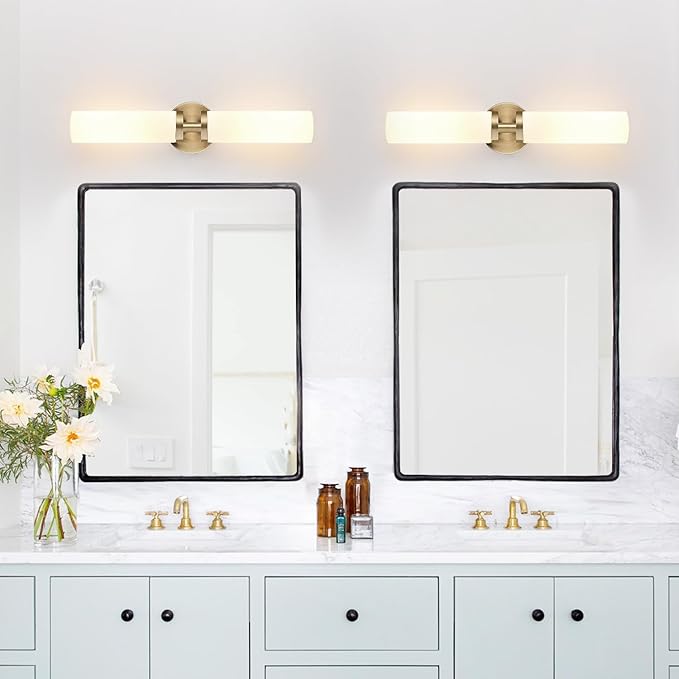 Wall Sconces Set of Two, Brass Bathroom Sconces Wall Lighting with Milky White Glass, Modern Sconces Wall Decor Set of 2 Bathroom Light fixtures for Mirror Living Room Hallway Bedroom