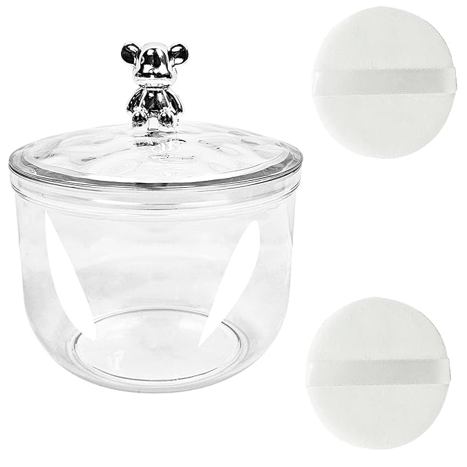 3 Pcs Body Face Plastic Powder Puff and Container Dish with 3.15 inch Fluffy Soft Large Powder Puff for Women(Bear Shape)