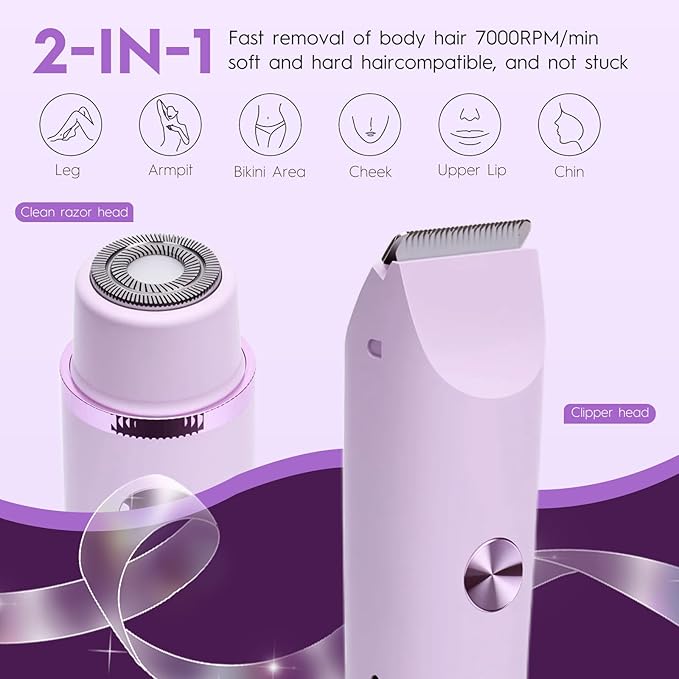2026 Upgraded 2 in 1 Bikini Trimmer for Women with LCD Display,Dual Head Cordless Electric Bikini Shaver,IPX7 Waterproof Wet/Dry Body Hair Trimmer for Face,Violet