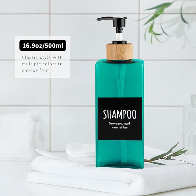 Shampoo and Body soap Dispenser, 16.9 Ounce 3-Pack Reusable Shampoo and Conditioner Bottle, pushable Bamboo Pump Empty Shampoo Bottle, Suitable for Other Bathroom scenarios (Green)