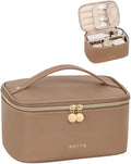 Prite Makeup Bag, Large Capacity Portable Travel Cosmetic Bag, Waterproof Makeup Organizer for Women with Handle and Divider (001 Brown)