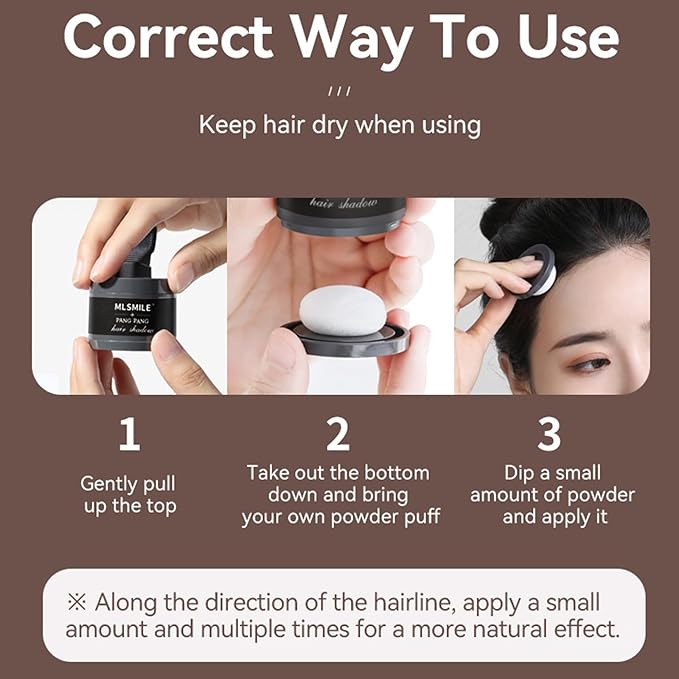 Hairline Powder Hair Root Touch Up - 3 Brush Heads, Instant Cover up Gray Hair, Portable Hair Color Concealer, Women Men's Grey Hair Coverage, Multi-purpose for Eye Shadow & Contouring - Black