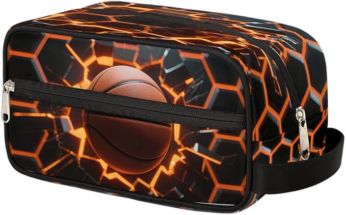 Abstract Basketball Kids Toiletry Bag for Boys Girls, Cosmetic Makeup Bag with Handle, Travel Shaving Kit Organizer, Waterproof Portable Wash Bag for Gym Vacation Camping Sports