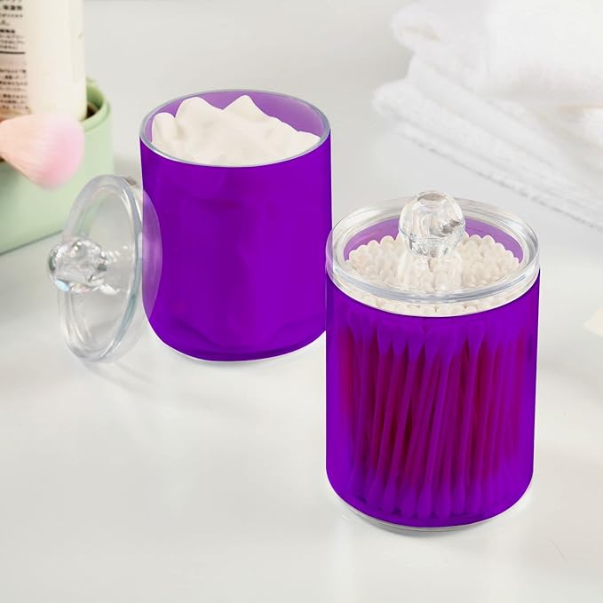 Purple Qtip Holder Organizer Dispenser Cotton Swabs Cans Plastic Jars with Lid Set 4 Pack Bathroom Storage Canister for Cotton Ball Floss Cotton Pads