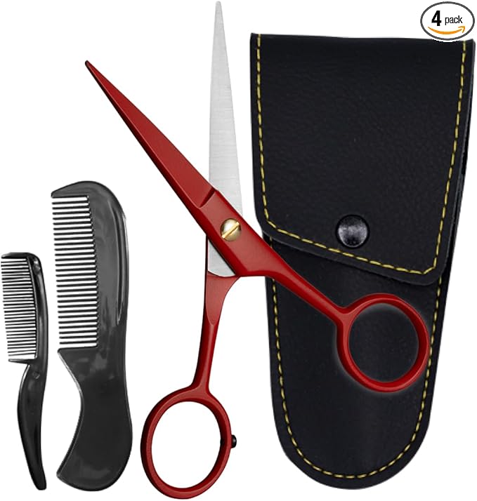 Ontaki Beard & Mustache Scissors for Men - 5inch, True Red - 410C German Steel Durable, Ergonomic Design Travel Friendly Facial Hair Scissors - Beard Grooming Kit 2 Combs & Case Perfect for Styling