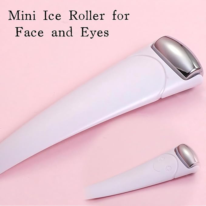Mini Ice Roller for Face and Eyes, Portable Stainless Steel Facial Massage Tool with Cream Spoon for Travel, Dark Circles and Puffiness Relief, White