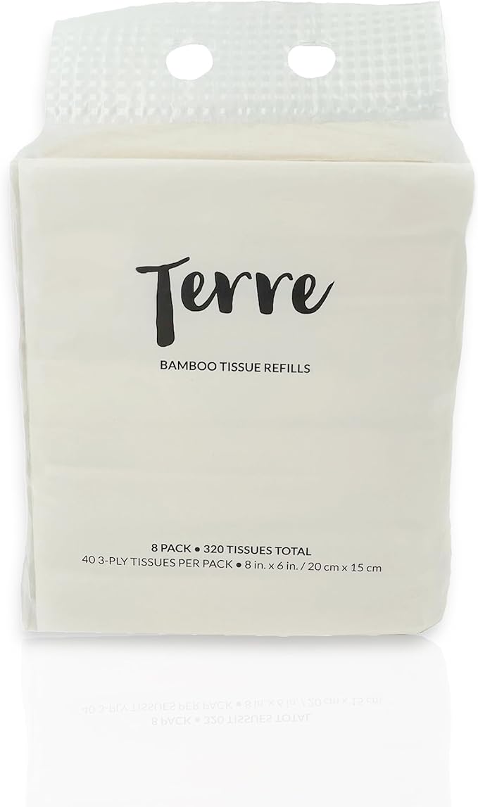 Terre Bamboo Car Tissue Refills, 3-Ply, Unbleached, 8 Pack (320 Sheets Total), FSC-Certified, Facial Tissues Refills for Car Visor Tissue Holder, Travel Tissue Tubes Box Container, Sustainable