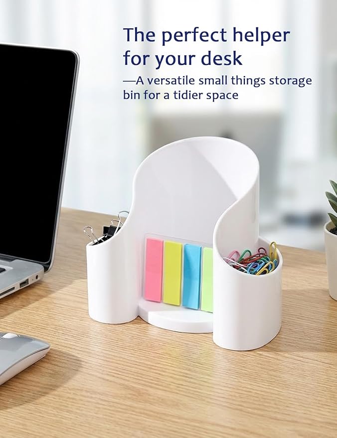 White 3-Compartment Vanity Organizer & Cotton Swab Holder - Small Minimalist Plastic Box for Jewelry, Floss Picks & Hair Accessories - Open Front Countertop Display