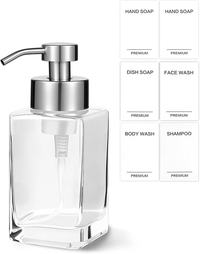 Foaming Soap Dispenser, 12oz/350ml Glass Foaming Hand Soap Dispenser Set,Refillable Foam Dispenser with Foaming Pump, Labels, Square Hand Dispenser for Bathroom, Kitchen 1 Pack