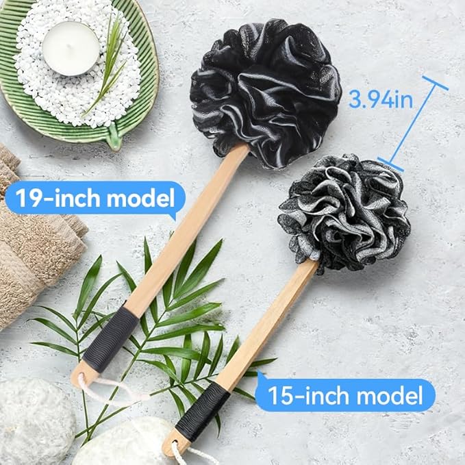 Long Loofah with Handle, Back Scrubber for Shower, Loofah on a Stick (19.09"), Black & White 4.72" Jumbo Mesh PE Pouf, Waterproof Coated Wooden Handle, Non-Slip Grip, Hanging Loop, Men & Women