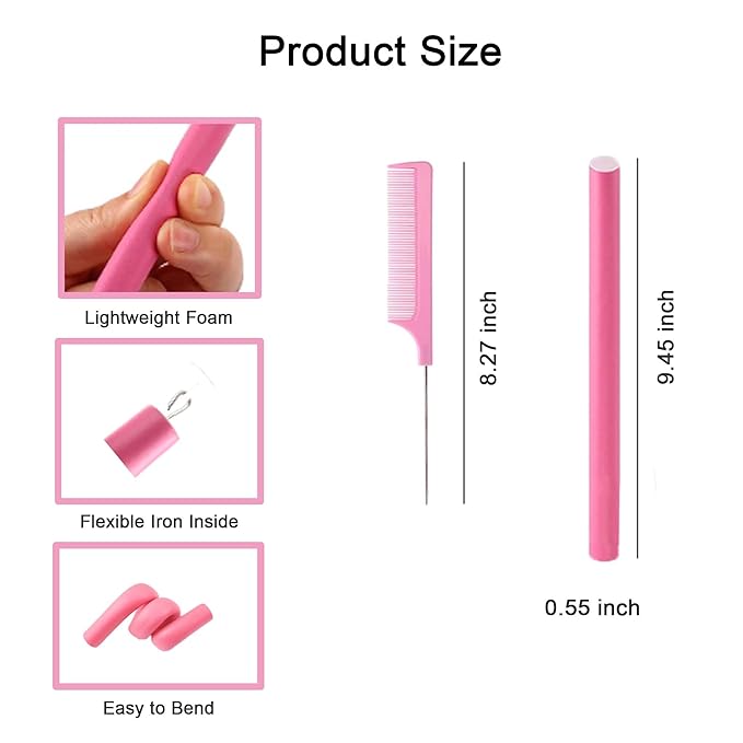 Flexible Curling Rods, 30Pcs Twist Foam Rollers for Long and Short Hair, No Heat Bendy Curlers, Pink