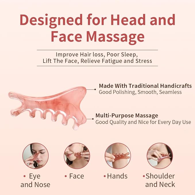 TAIHI 4-in-1 Massage Comb Pink Gua Sha Facial Tools Head Massage Combs Neck Body Face Eye Massager Tool for Body Tension Relief Promote Lymphatic Circulation Gifts for Women Men