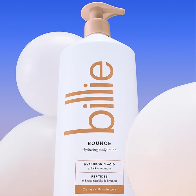 Billie Bounce Hydrating Women's Body Lotion, Vanilla Cedar Scent, with Hyaluronic Acid, 18 fl oz