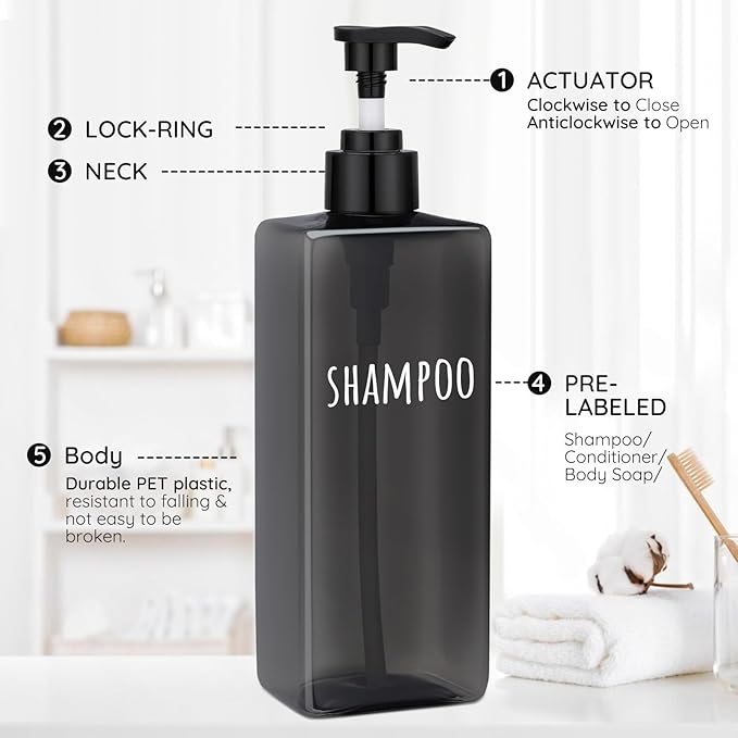 Segbeauty 16.9oz Black Shampoo and Conditioner Dispenser, 3pcs Refillable Plastic Empty Body Lotion Soap Dispenser Liquid Hand Gel Container for Bathroom, 500ml Pre-Printed Large Pump Bottles Kitchen