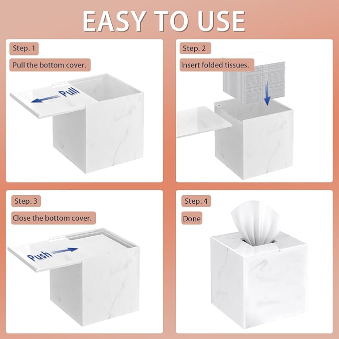 SILUT Tissue Box Cover Square, Marble Texture Tissue Box Holder, Decorative Tissue Holder for Bathroom, Kitchen, Vanity, Modern Tissues Organizer