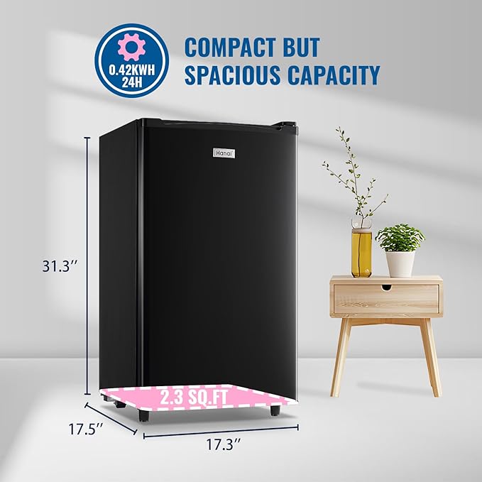 WANAI 3.2 Cu.Ft Mini Fridge with Freezer, Single Door Refrigerator with 5 Adjustable Thermostat, Small Compact Refrigerator Size with LED Light, 3 Removable Shelves Black