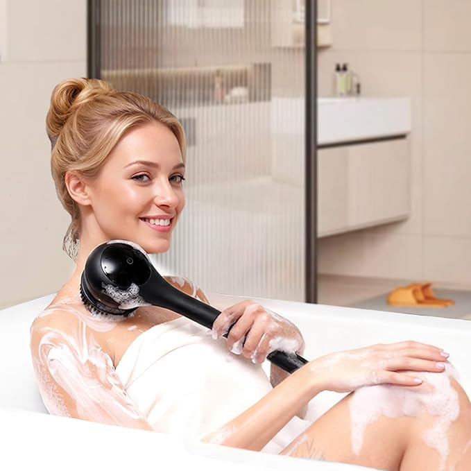 Electric Body Brush Back Scrubber for Shower, Waterproof Long Dual Handle Power Body Scrubber with 3 Heads, Bath Brush & 2 Speeds, for Cleansing, Exfoliating and Massaging Skin, Black