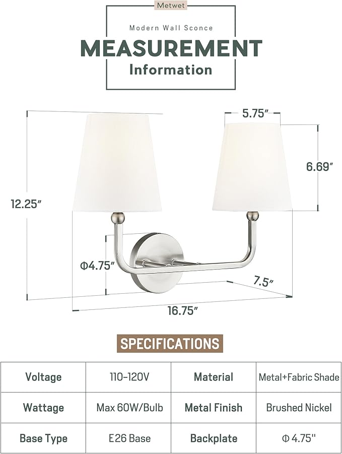 2-Light Bathroom Light Fixtures, Brushed Nickel Vanity Lights, Double Wall Sconce with Flared White Fabric Shade, Modern Sconces Wall Lighting for Hallway Bedroom Stairway, VL837-BN-2-S
